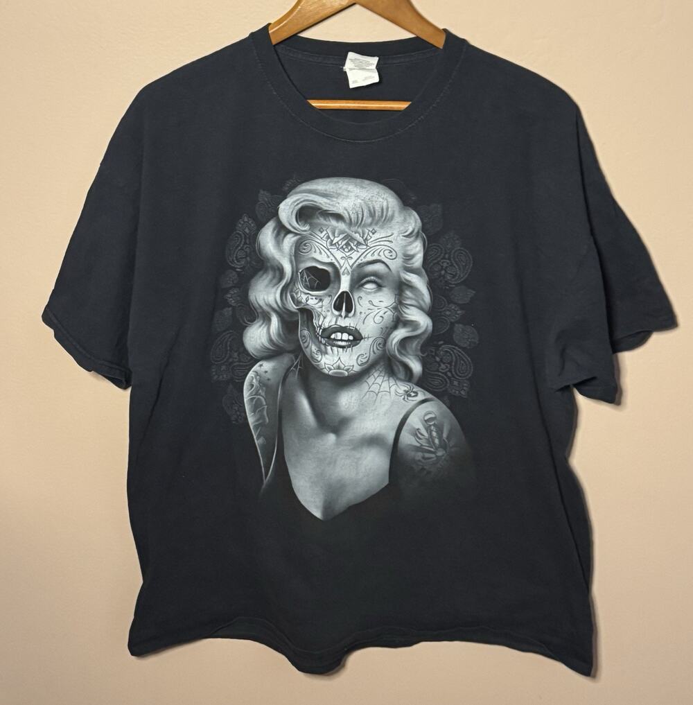 Vintage Men’s 2XL Marilyn Monroe Tattoo Skull Skeleton Fruit Of The Loom T-Shirt